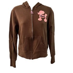 Spark Brown hoodie zipped Jew Lt with pink poodle appliqué ~ size Large